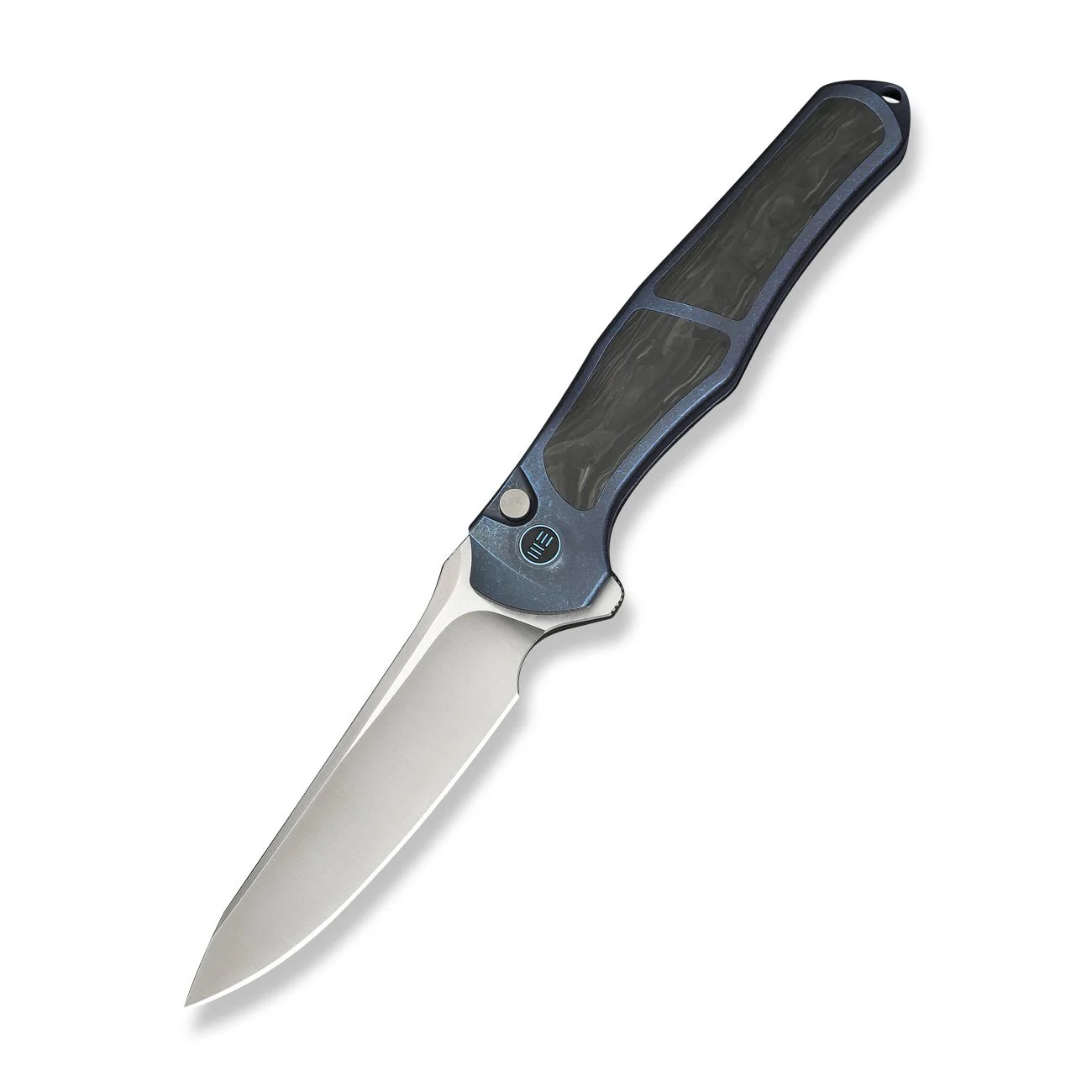 WEKNIFE 702XI Flipper & Button Lock Knife Blue Titanium Integral Handle With Shredded Carbon Fiber Inlay (3.81" Satin Finished Bohler M390 Blade) WE07B-1 - Image 3