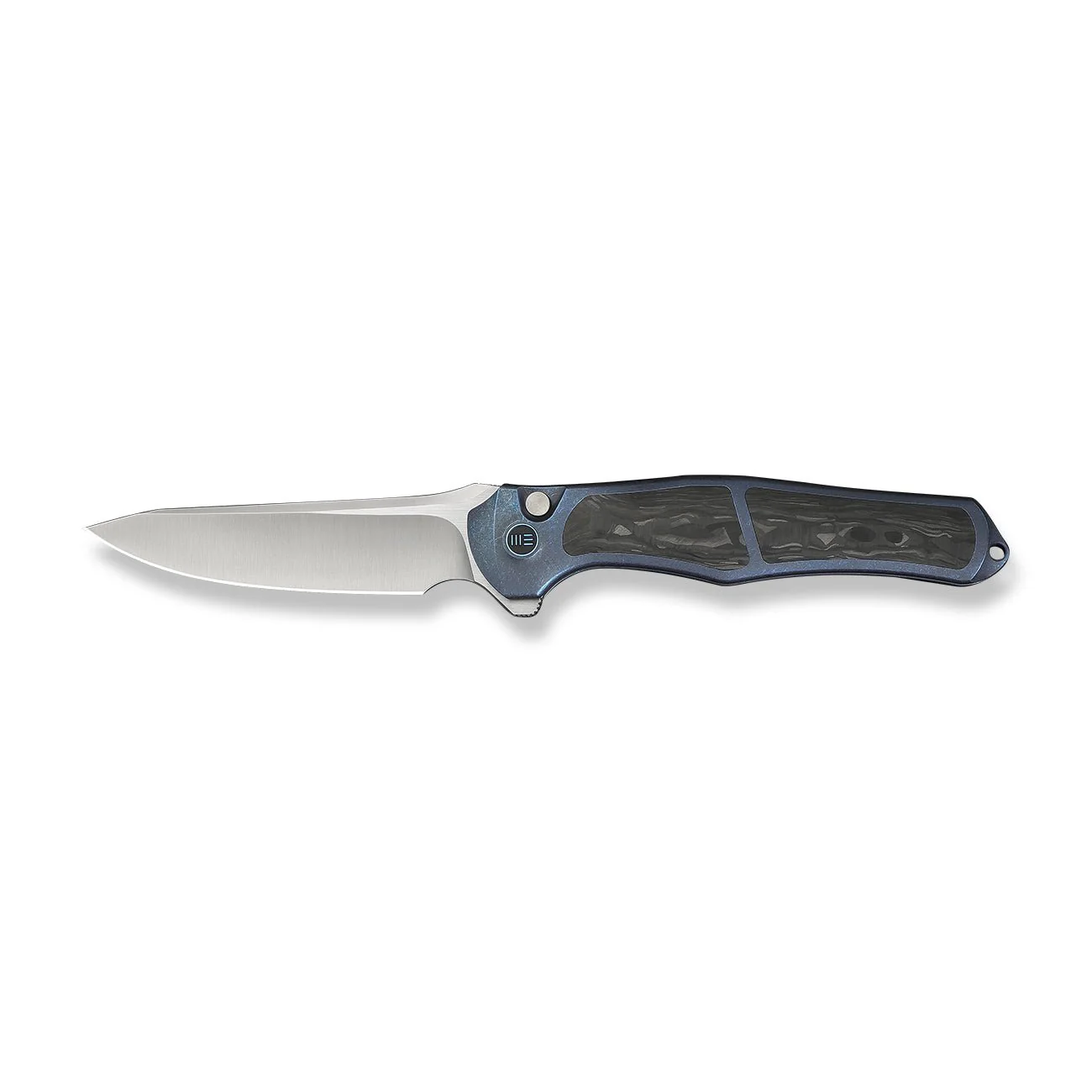 WEKNIFE 702XI Flipper & Button Lock Knife Blue Titanium Integral Handle With Shredded Carbon Fiber Inlay (3.81" Satin Finished Bohler M390 Blade) WE07B-1 - Image 4
