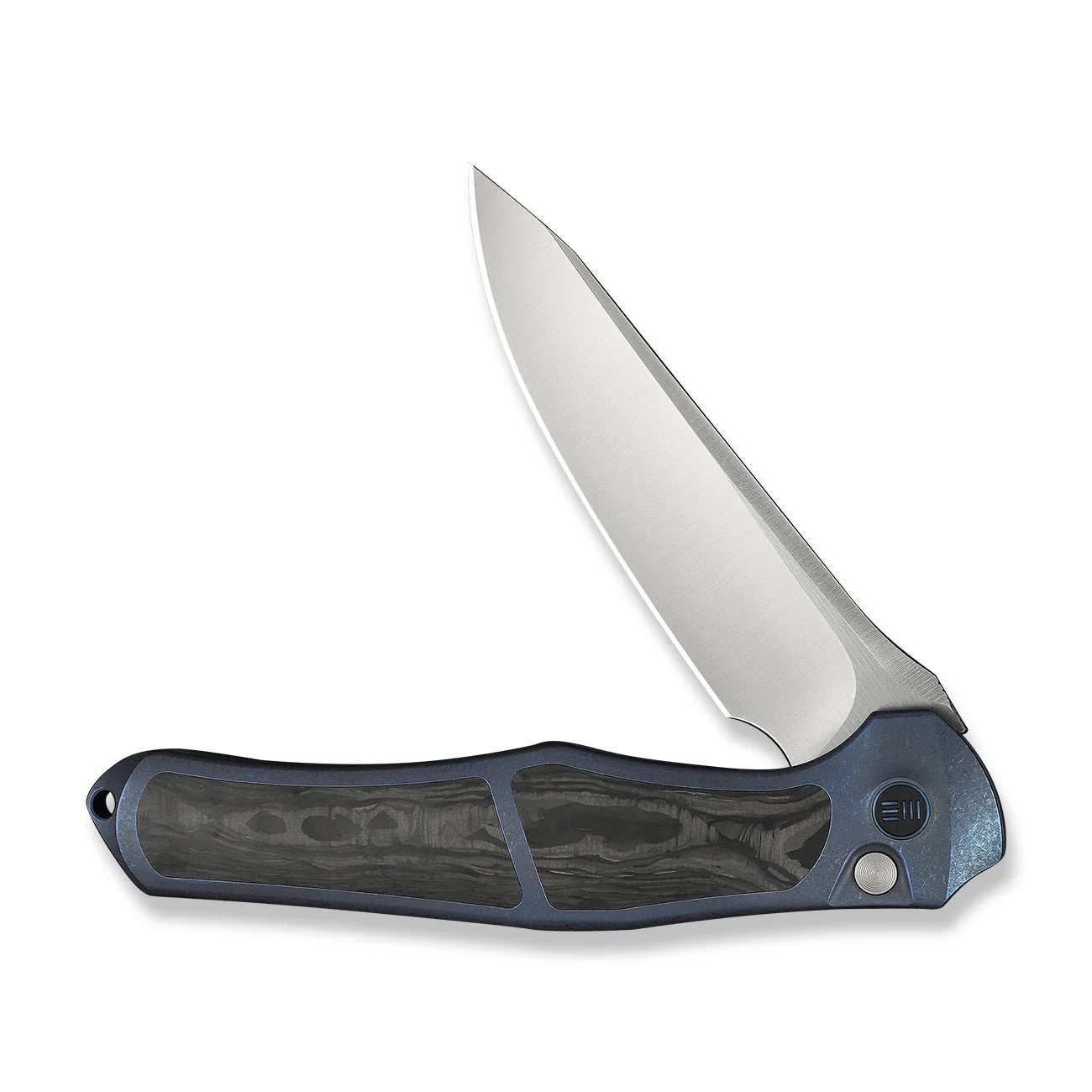 WEKNIFE 702XI Flipper & Button Lock Knife Blue Titanium Integral Handle With Shredded Carbon Fiber Inlay (3.81" Satin Finished Bohler M390 Blade) WE07B-1 - Image 5