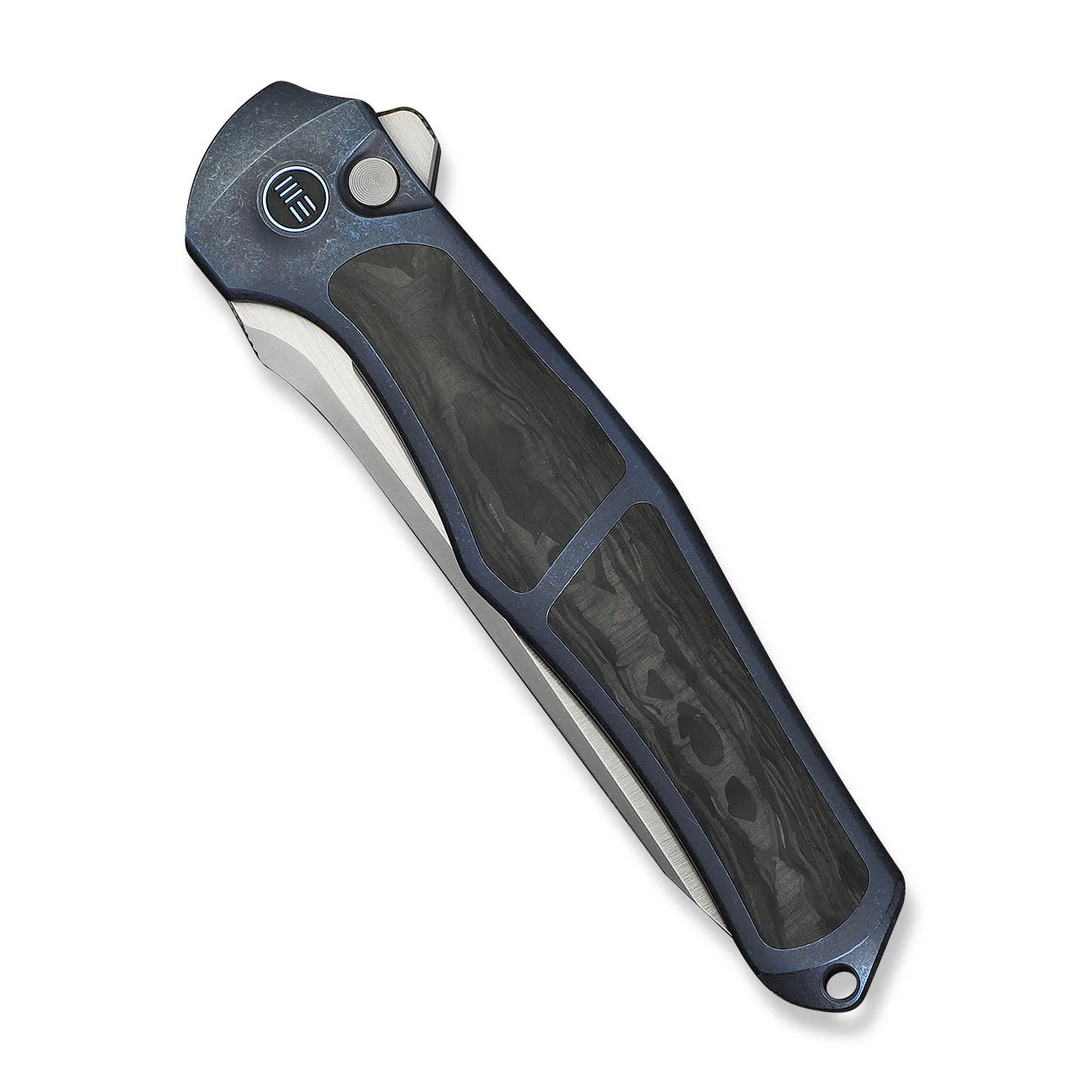 WEKNIFE 702XI Flipper & Button Lock Knife Blue Titanium Integral Handle With Shredded Carbon Fiber Inlay (3.81" Satin Finished Bohler M390 Blade) WE07B-1 - Image 6