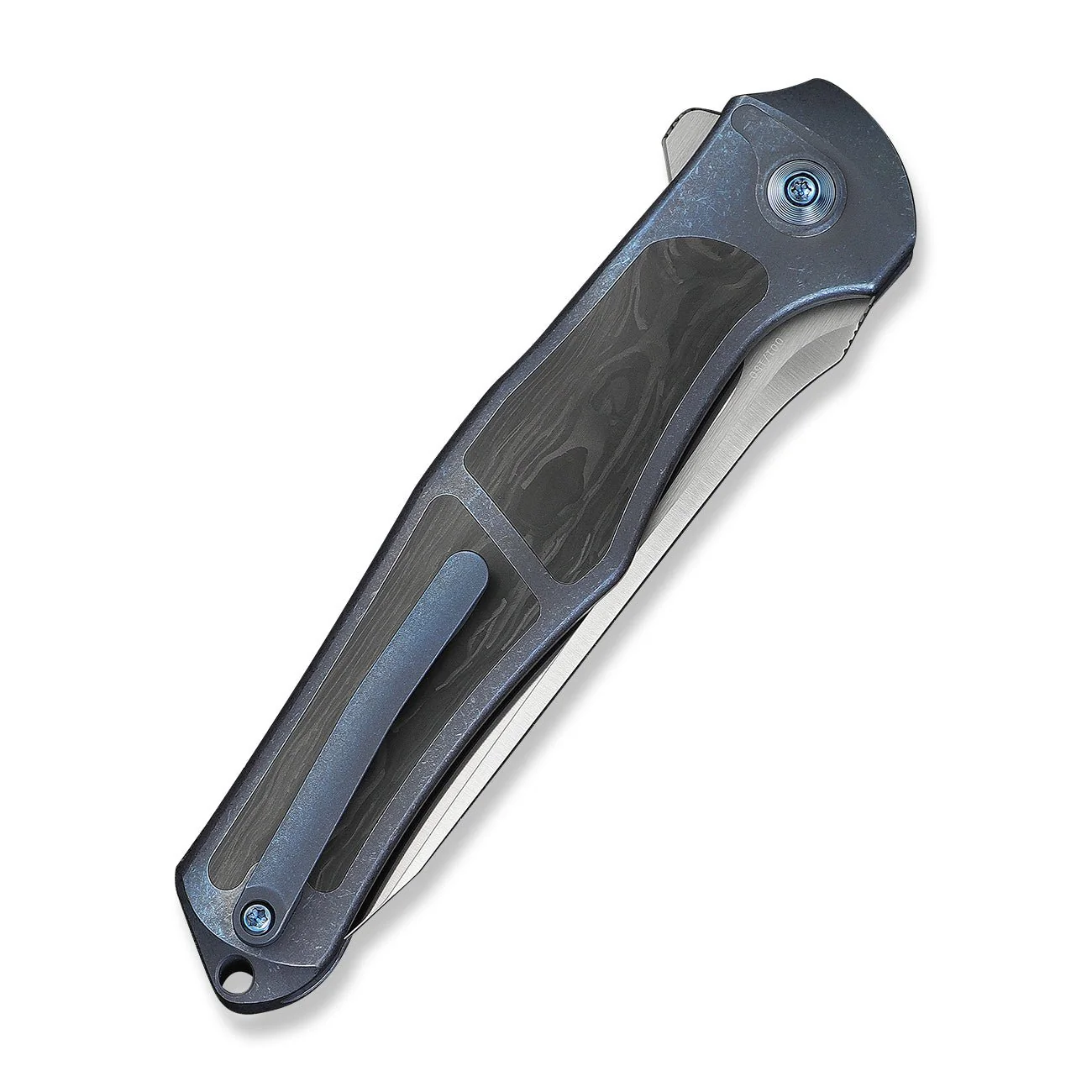 WEKNIFE 702XI Flipper & Button Lock Knife Blue Titanium Integral Handle With Shredded Carbon Fiber Inlay (3.81" Satin Finished Bohler M390 Blade) WE07B-1 - Image 7