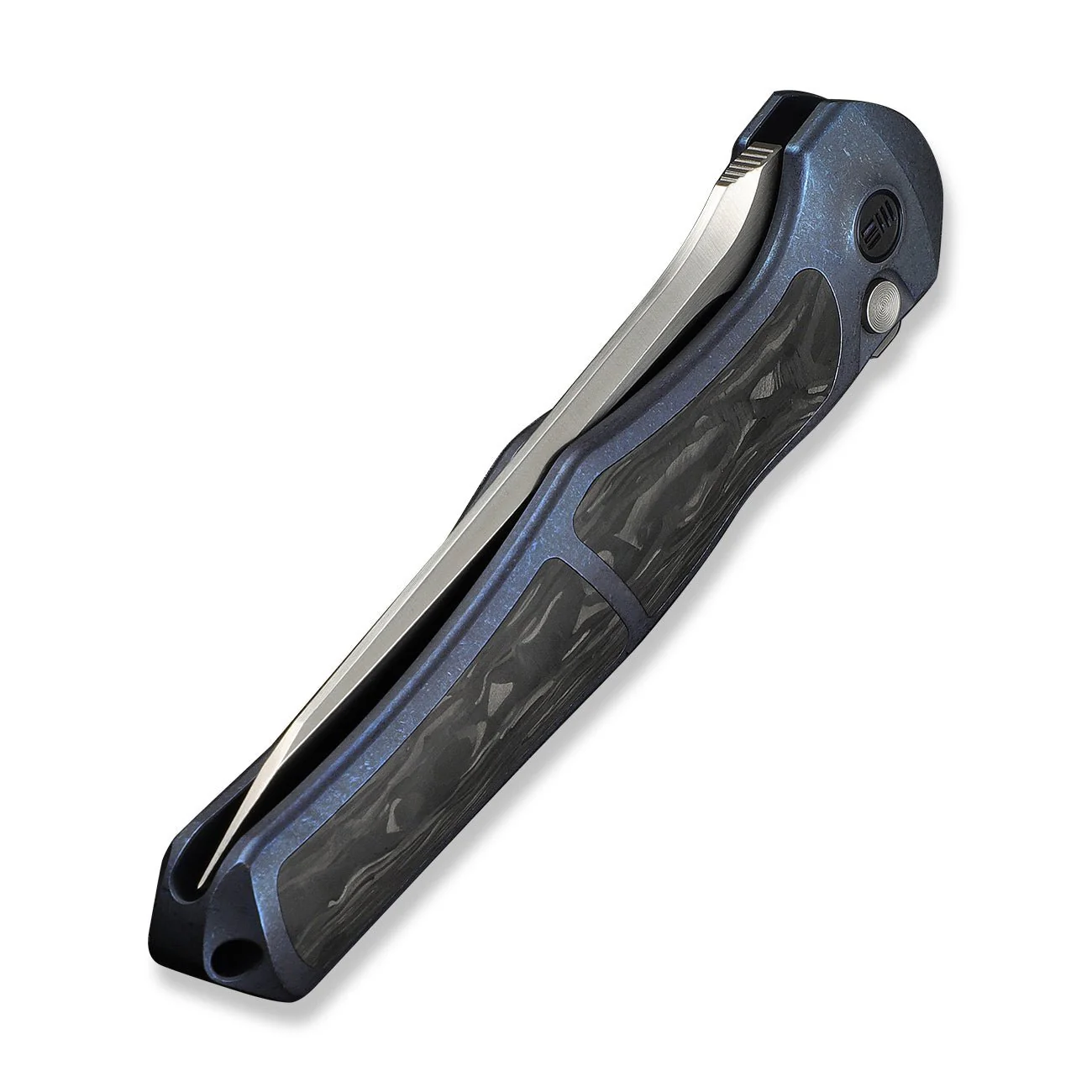 WEKNIFE 702XI Flipper & Button Lock Knife Blue Titanium Integral Handle With Shredded Carbon Fiber Inlay (3.81" Satin Finished Bohler M390 Blade) WE07B-1 - Image 8