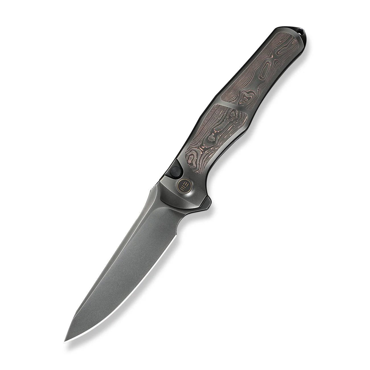WEKNIFE 702XI Flipper & Button Lock Knife Polished Gray Titanium Integral Handle With Copper Foil Carbon Fiber Inlay (3.81" Polished Gray Bohler M390 Blade) WE07B-3 - Image 3