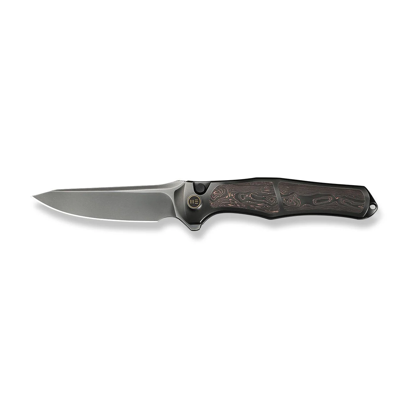 WEKNIFE 702XI Flipper & Button Lock Knife Polished Gray Titanium Integral Handle With Copper Foil Carbon Fiber Inlay (3.81" Polished Gray Bohler M390 Blade) WE07B-3 - Image 4