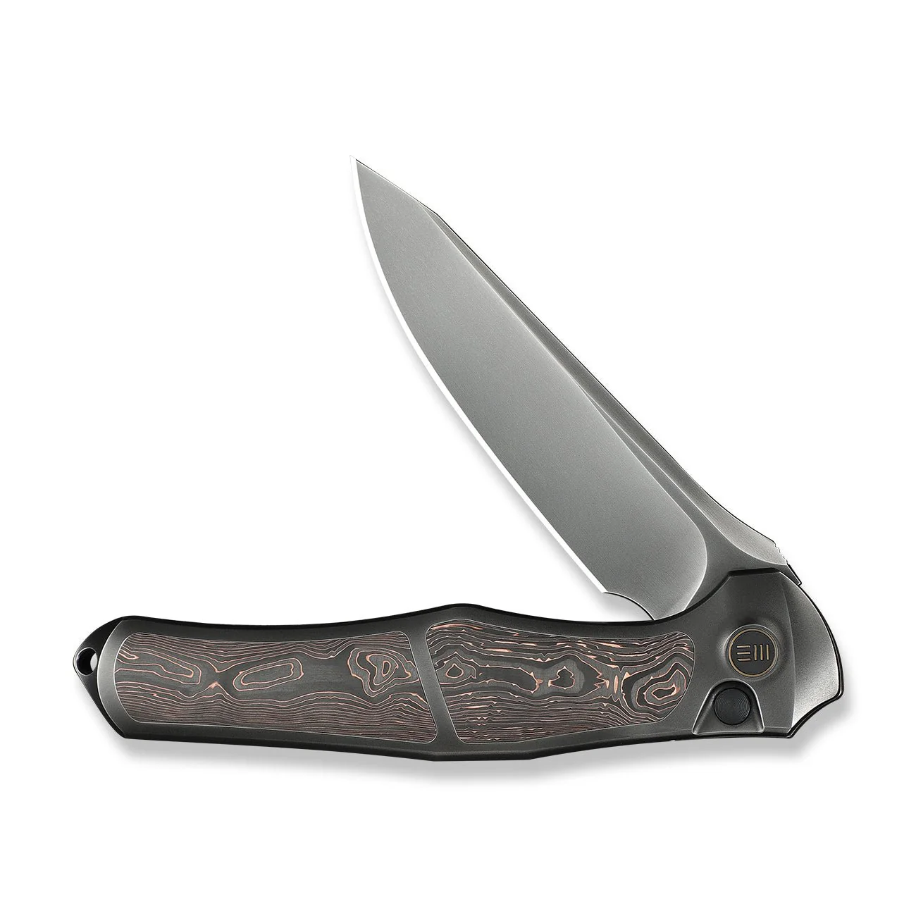 WEKNIFE 702XI Flipper & Button Lock Knife Polished Gray Titanium Integral Handle With Copper Foil Carbon Fiber Inlay (3.81" Polished Gray Bohler M390 Blade) WE07B-3 - Image 5
