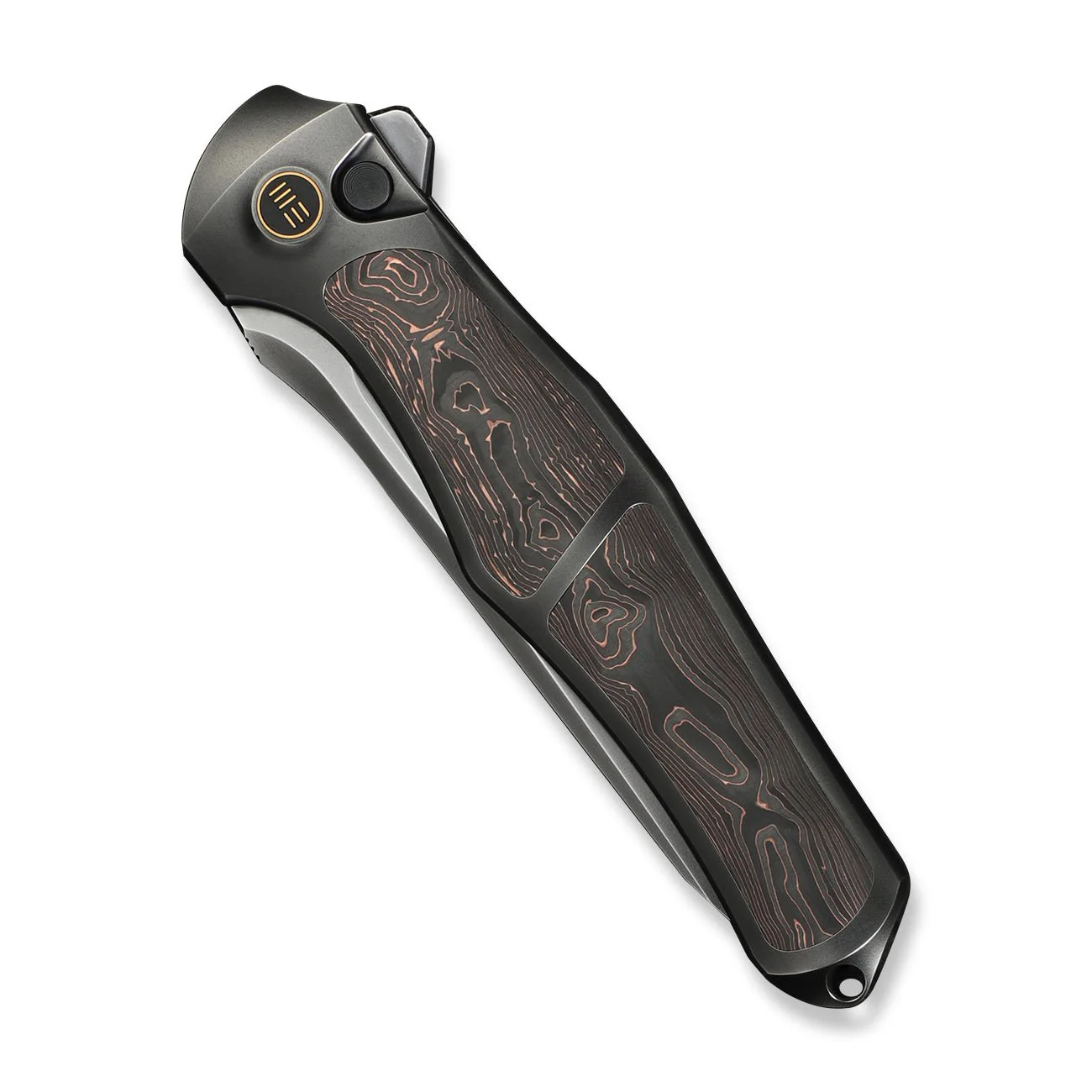 WEKNIFE 702XI Flipper & Button Lock Knife Polished Gray Titanium Integral Handle With Copper Foil Carbon Fiber Inlay (3.81" Polished Gray Bohler M390 Blade) WE07B-3 - Image 6