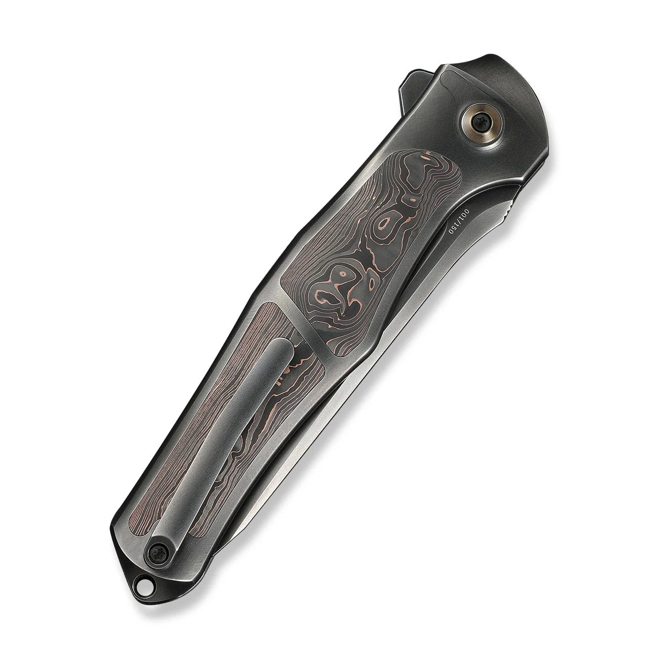 WEKNIFE 702XI Flipper & Button Lock Knife Polished Gray Titanium Integral Handle With Copper Foil Carbon Fiber Inlay (3.81" Polished Gray Bohler M390 Blade) WE07B-3 - Image 7