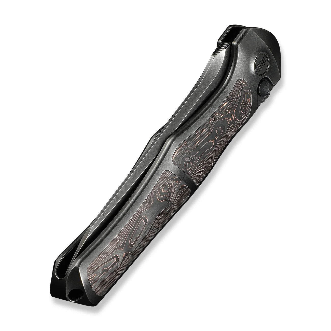 WEKNIFE 702XI Flipper & Button Lock Knife Polished Gray Titanium Integral Handle With Copper Foil Carbon Fiber Inlay (3.81" Polished Gray Bohler M390 Blade) WE07B-3 - Image 8