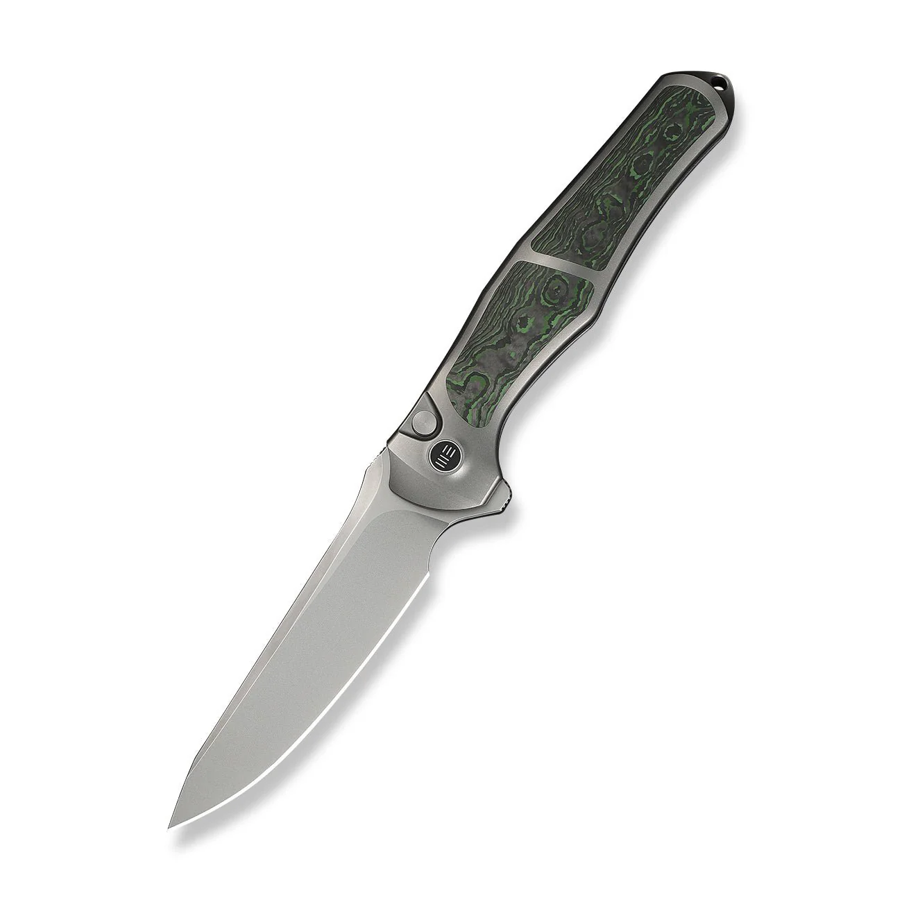 WEKNIFE 702XI Flipper & Button Lock Knife Gray Titanium Integral Handle With Jungle Wear Fat Carbon Fiber Inlay (3.81" Stonewashed Bohler M390 Blade) WE07B-4 - Image 3
