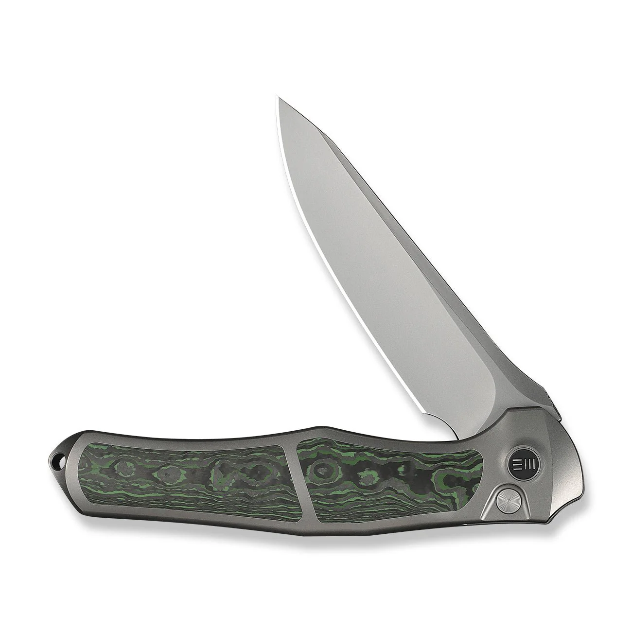 WEKNIFE 702XI Flipper & Button Lock Knife Gray Titanium Integral Handle With Jungle Wear Fat Carbon Fiber Inlay (3.81" Stonewashed Bohler M390 Blade) WE07B-4 - Image 5