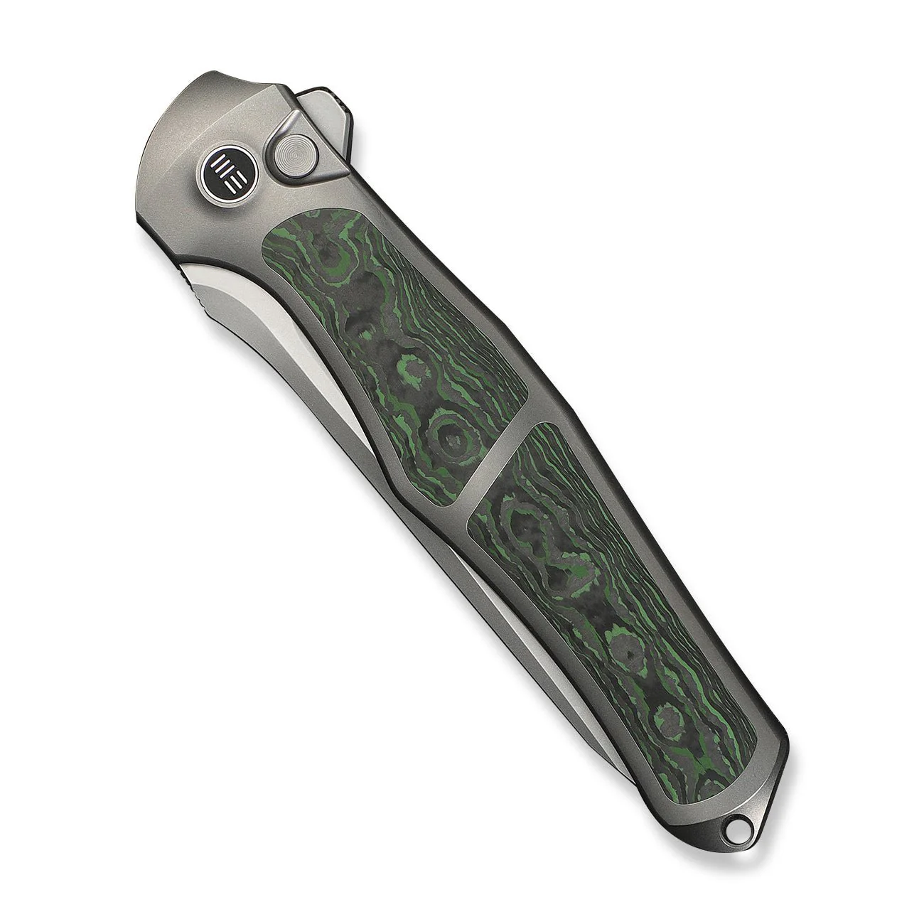 WEKNIFE 702XI Flipper & Button Lock Knife Gray Titanium Integral Handle With Jungle Wear Fat Carbon Fiber Inlay (3.81" Stonewashed Bohler M390 Blade) WE07B-4 - Image 6