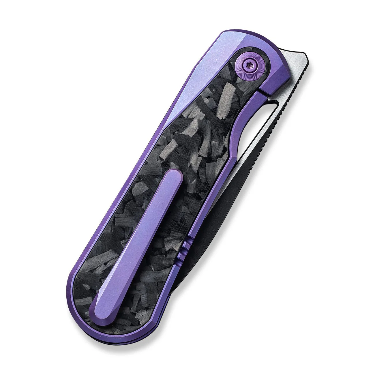 WEKNIFE Baloo Mystery Box Front Flipper & Thumb Hole Knife Purple Titanium Handle With Shredded Carbon Fiber Inlay (3.31" Black Stonewashed CPM 20CV Blade, Satin Flat) WE21033-3 MB, With One Free Mystery WE Or CIVIVI Model - Image 6