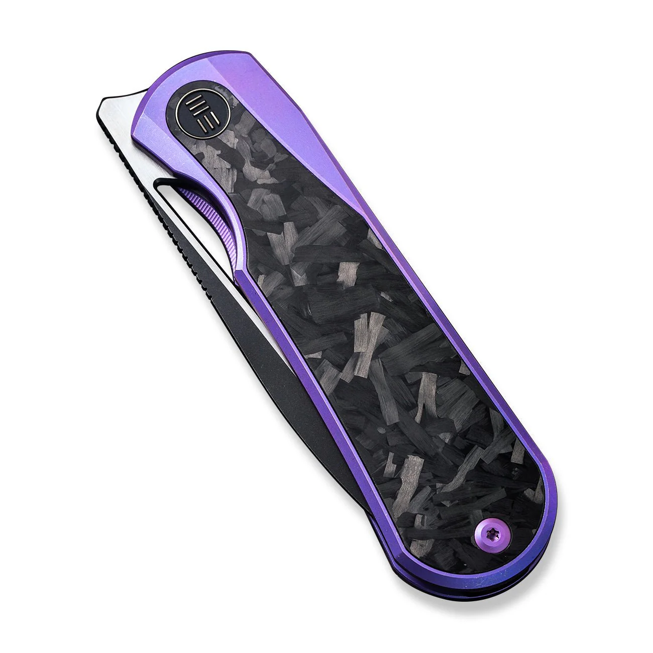 WEKNIFE Baloo Mystery Box Front Flipper & Thumb Hole Knife Purple Titanium Handle With Shredded Carbon Fiber Inlay (3.31" Black Stonewashed CPM 20CV Blade, Satin Flat) WE21033-3 MB, With One Free Mystery WE Or CIVIVI Model - Image 7