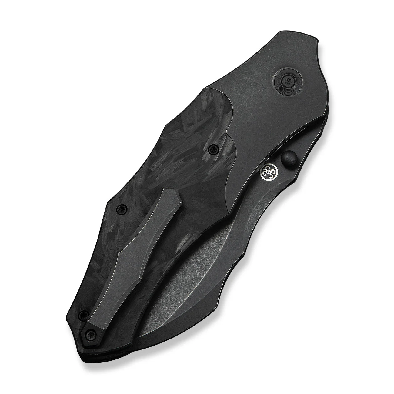WEKNIFE Orc Boss Thumb Stud Knife Black Titanium Handle With Shredded Carbon Fiber Inlay (3.82" Black Stonewashed CPM 20CV Blade) WE24042-1 - Image 7