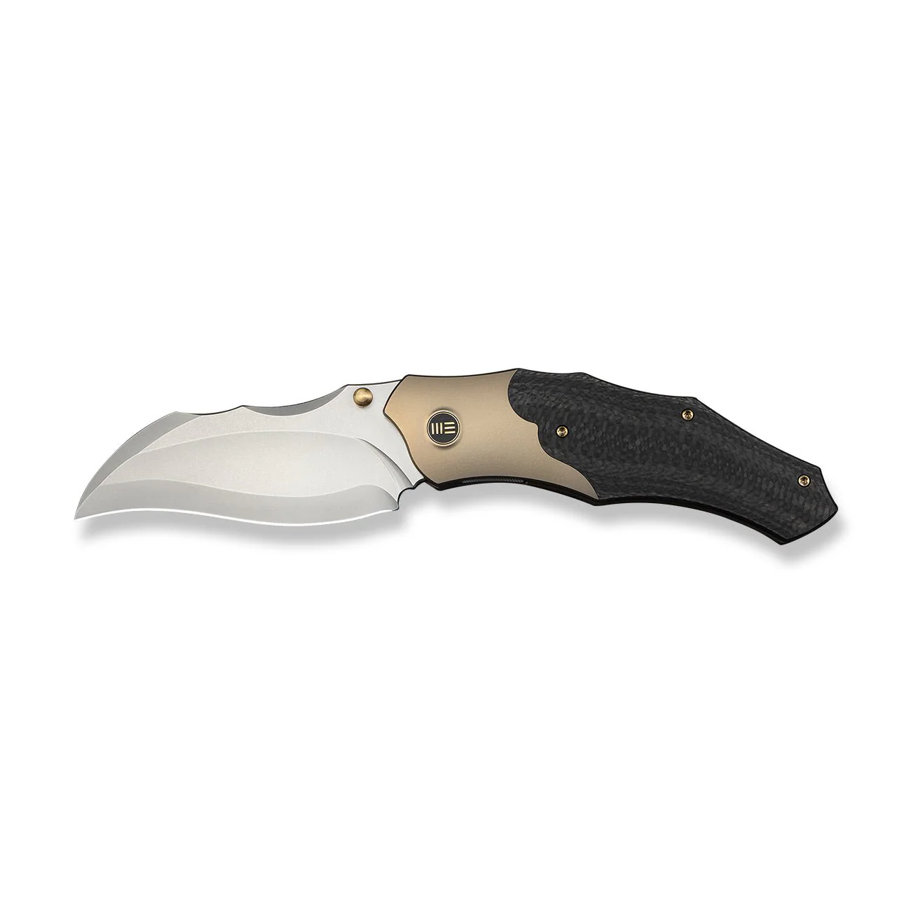 WEKNIFE Orc Boss Thumb Stud Knife Champagne Titanium Handle With Twill Carbon Fiber Inlay (3.82" Stonewashed CPM 20CV Blade) WE24042-2 - Image 4