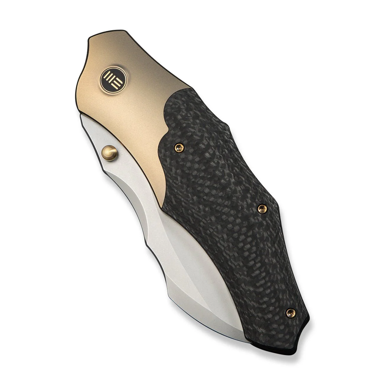 WEKNIFE Orc Boss Thumb Stud Knife Champagne Titanium Handle With Twill Carbon Fiber Inlay (3.82" Stonewashed CPM 20CV Blade) WE24042-2 - Image 6