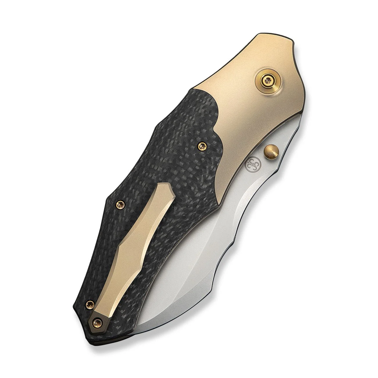 WEKNIFE Orc Boss Thumb Stud Knife Champagne Titanium Handle With Twill Carbon Fiber Inlay (3.82" Stonewashed CPM 20CV Blade) WE24042-2 - Image 7