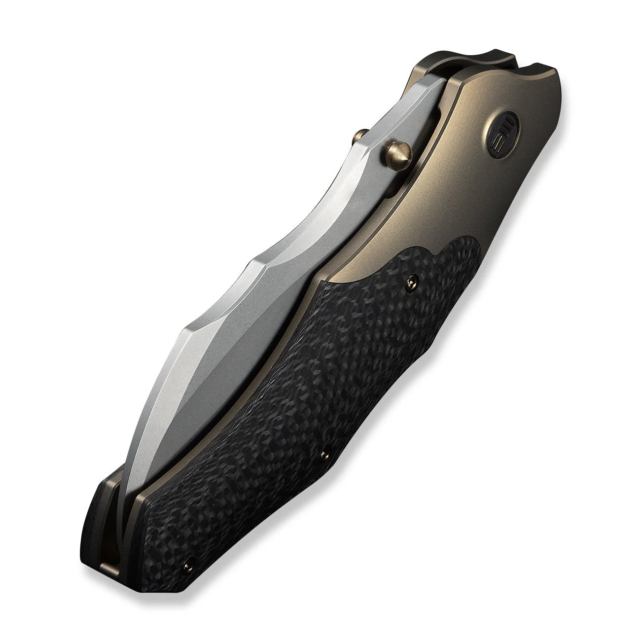 WEKNIFE Orc Boss Thumb Stud Knife Champagne Titanium Handle With Twill Carbon Fiber Inlay (3.82" Stonewashed CPM 20CV Blade) WE24042-2 - Image 8