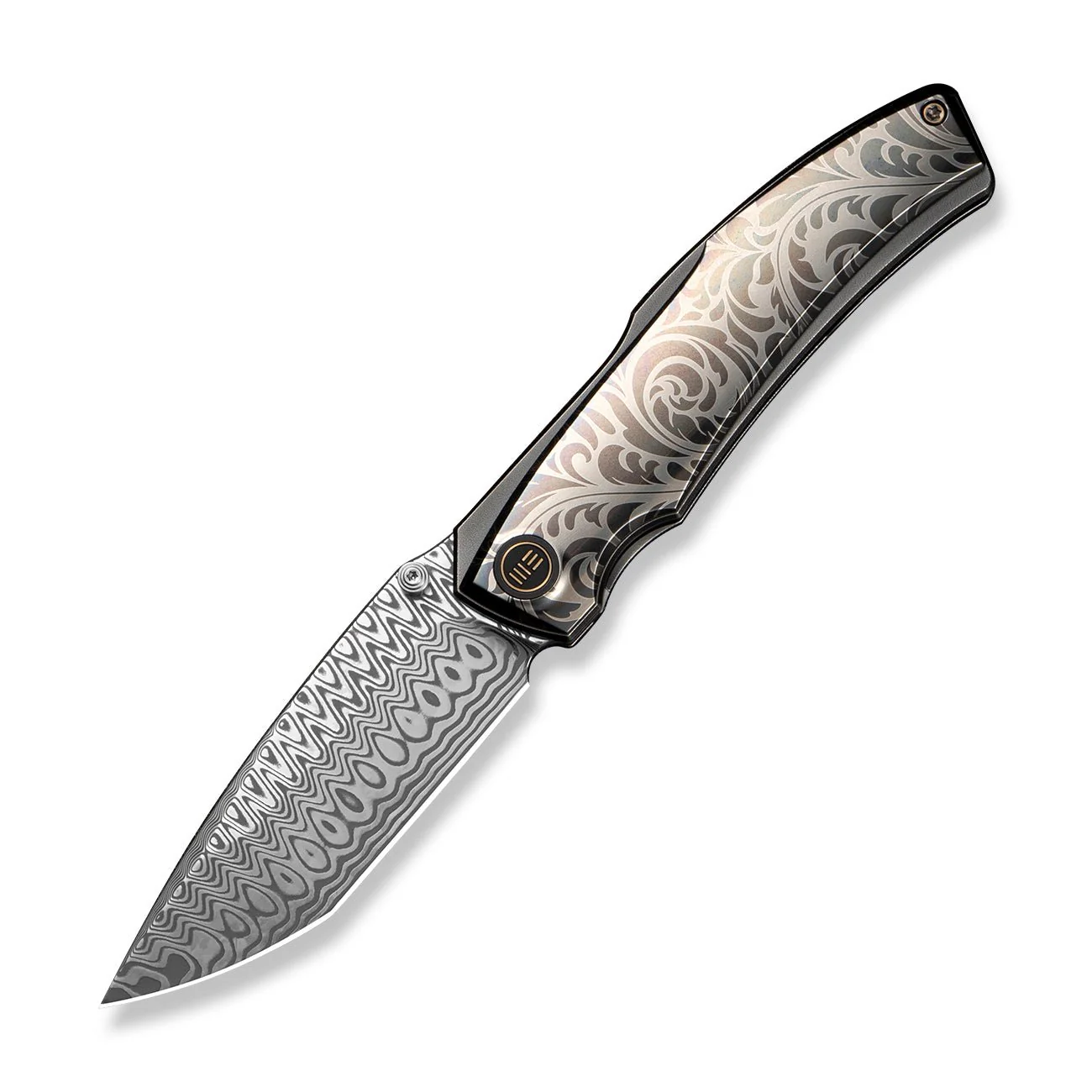WEKNIFE Swordfin Front Flipper & Thumb Stud Knife Gray Titanium Handle With White Laser Pattern Polished Gray Orange Peel Textured Titanium Liner (3.28" Hugin Damasteel Blade) WE23067-2025 BSW2 - Image 3