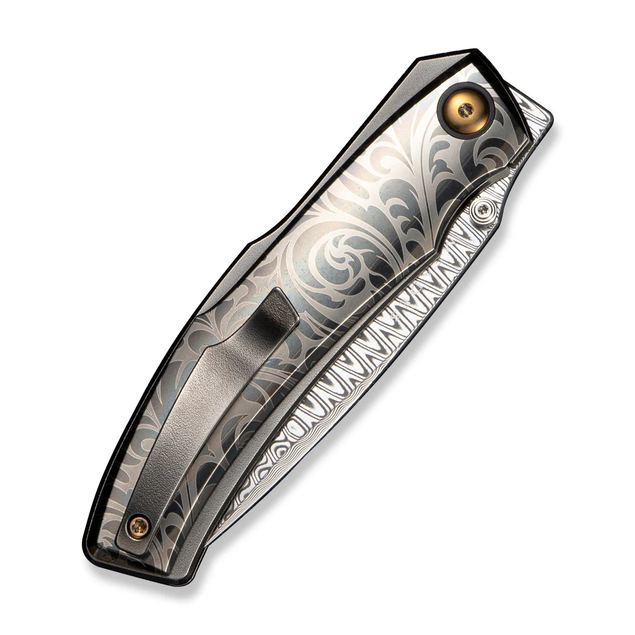 WEKNIFE Swordfin Front Flipper & Thumb Stud Knife Gray Titanium Handle With White Laser Pattern Polished Gray Orange Peel Textured Titanium Liner (3.28" Hugin Damasteel Blade) WE23067-2025 BSW2 - Image 4