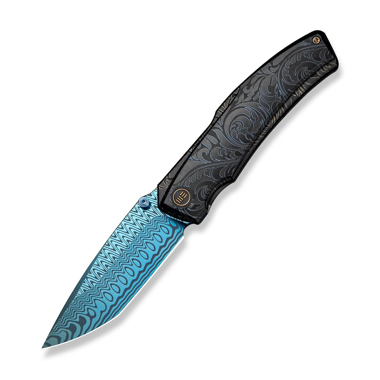 WEKNIFE Swordfin Front Flipper & Thumb Stud Knife Black Titanium Handle With Blue Laser Pattern Black Titanium Liner With Golden Laser Pattern (3.28" Hugin Damasteel Blade) WE23067-2025 BSW3 - Image 3
