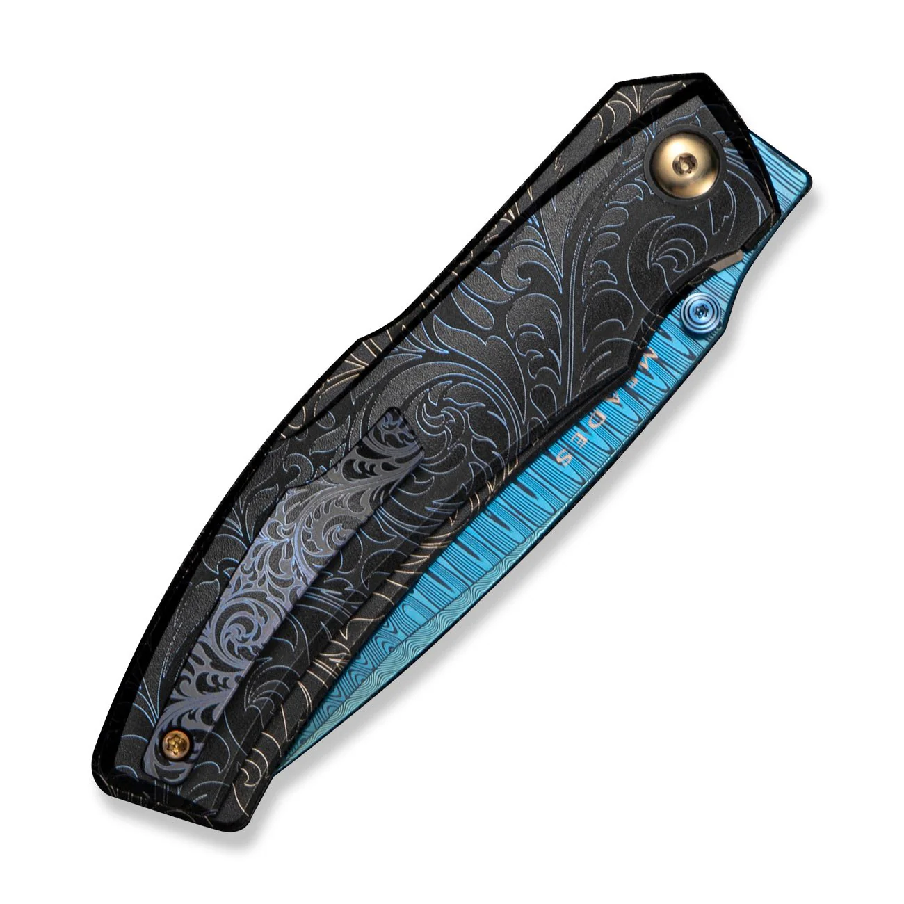 WEKNIFE Swordfin Front Flipper & Thumb Stud Knife Black Titanium Handle With Blue Laser Pattern Black Titanium Liner With Golden Laser Pattern (3.28" Hugin Damasteel Blade) WE23067-2025 BSW3 - Image 4