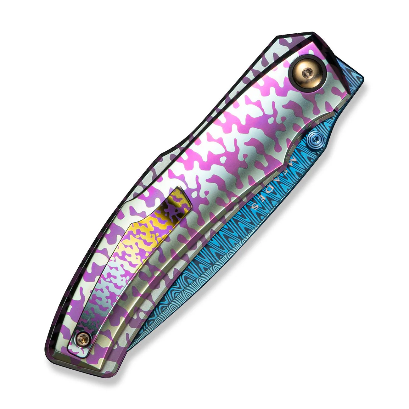 WEKNIFE Swordfin Front Flipper & Thumb Stud Knife Polished Handle With Purple Laser Pattern Polished Liner With Purple Laser Pattern (3.28" Hugin Damasteel Blade) WE23067-2025 BSW4 - Image 4