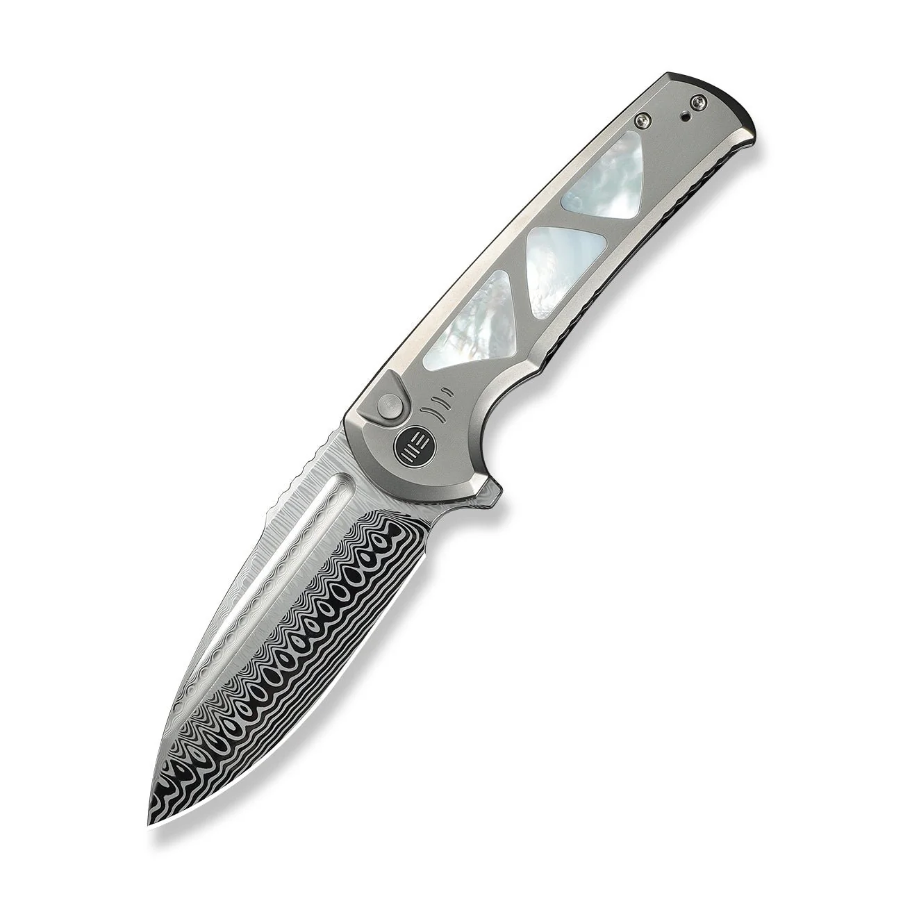 WEKNIFE Sylox Flipper & Button Lock Knife Titanium & Mother of Pearl Handle (3.8" Damasteel Blade) WE24027-DS1 - Image 3