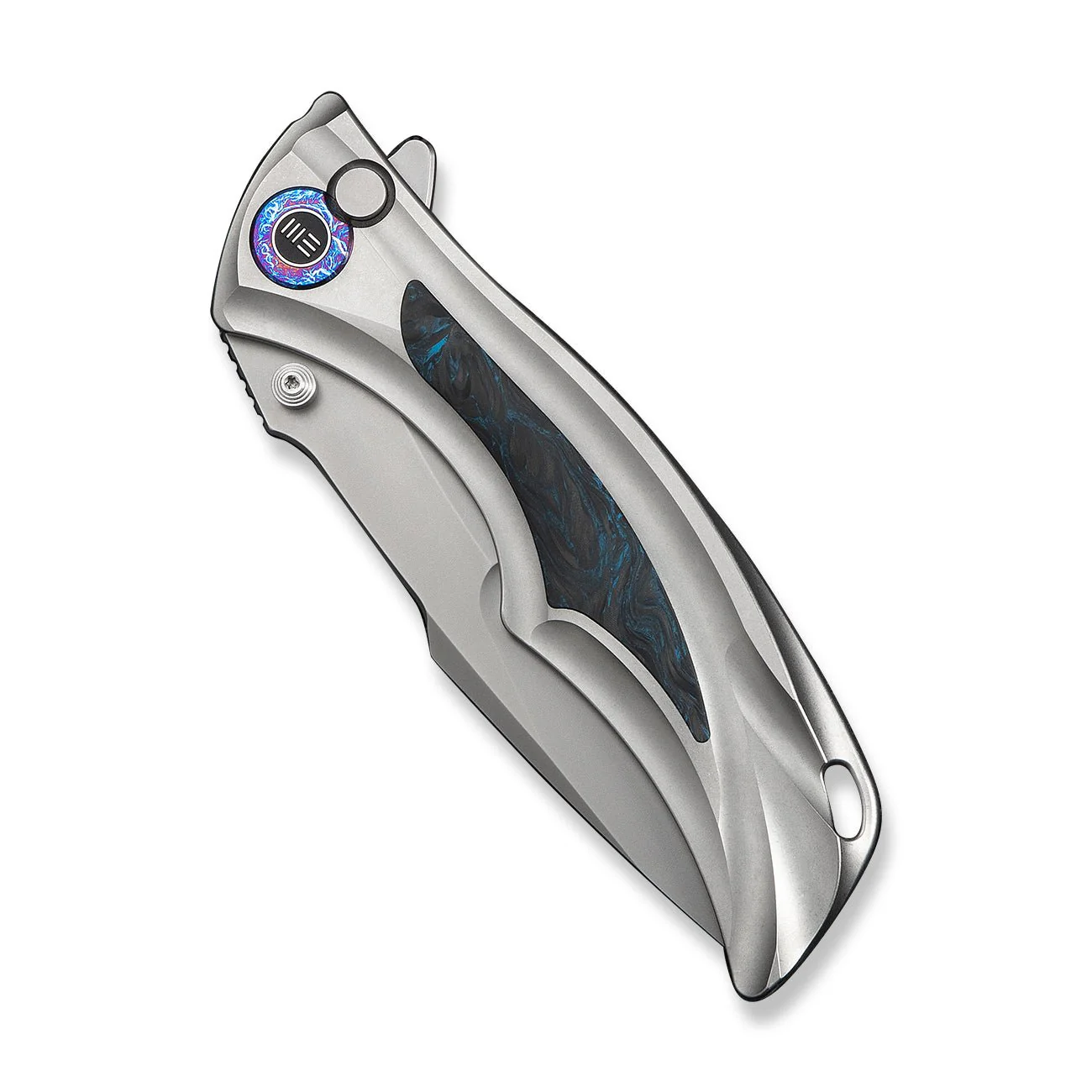WEKNIFE Tighe Down Flipper & Thumb Stud & Button Lock Knife Gray Titanium Integral Handle With Black & Blue Carbon Fiber Inlay (4" Stonewashed Bohler M390 Blade, Drop Point) WE24054-1 - Image 6