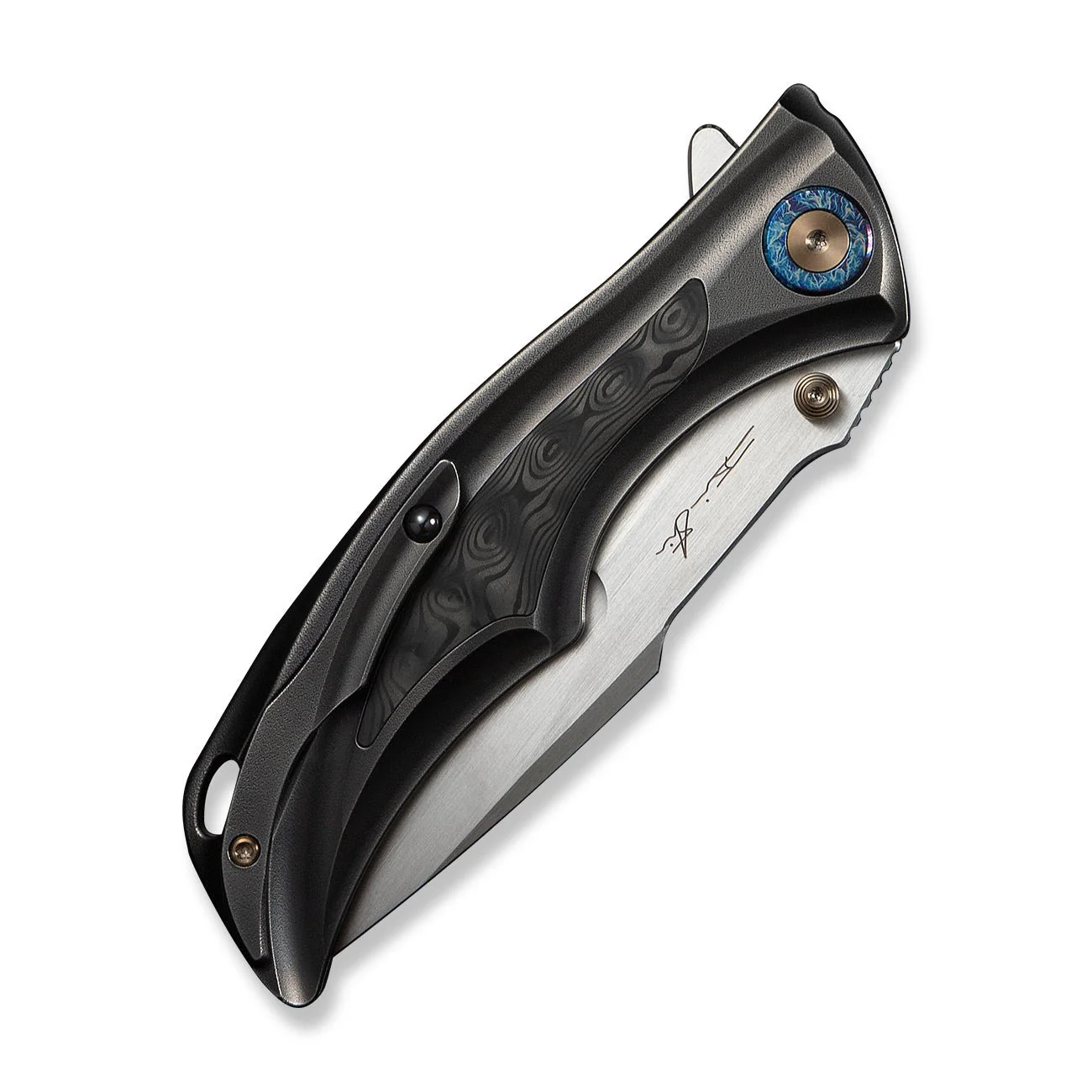 WEKNIFE Tighe Down Flipper & Thumb Stud & Button Lock Knife Polished Gray Orange Peel Textured Titanium Integral Handle With Rose Carbon Fiber Inlay (4" Hand Rubbed Satin Bohler M390 Blade, Drop Point) WE24054-2 - Image 6