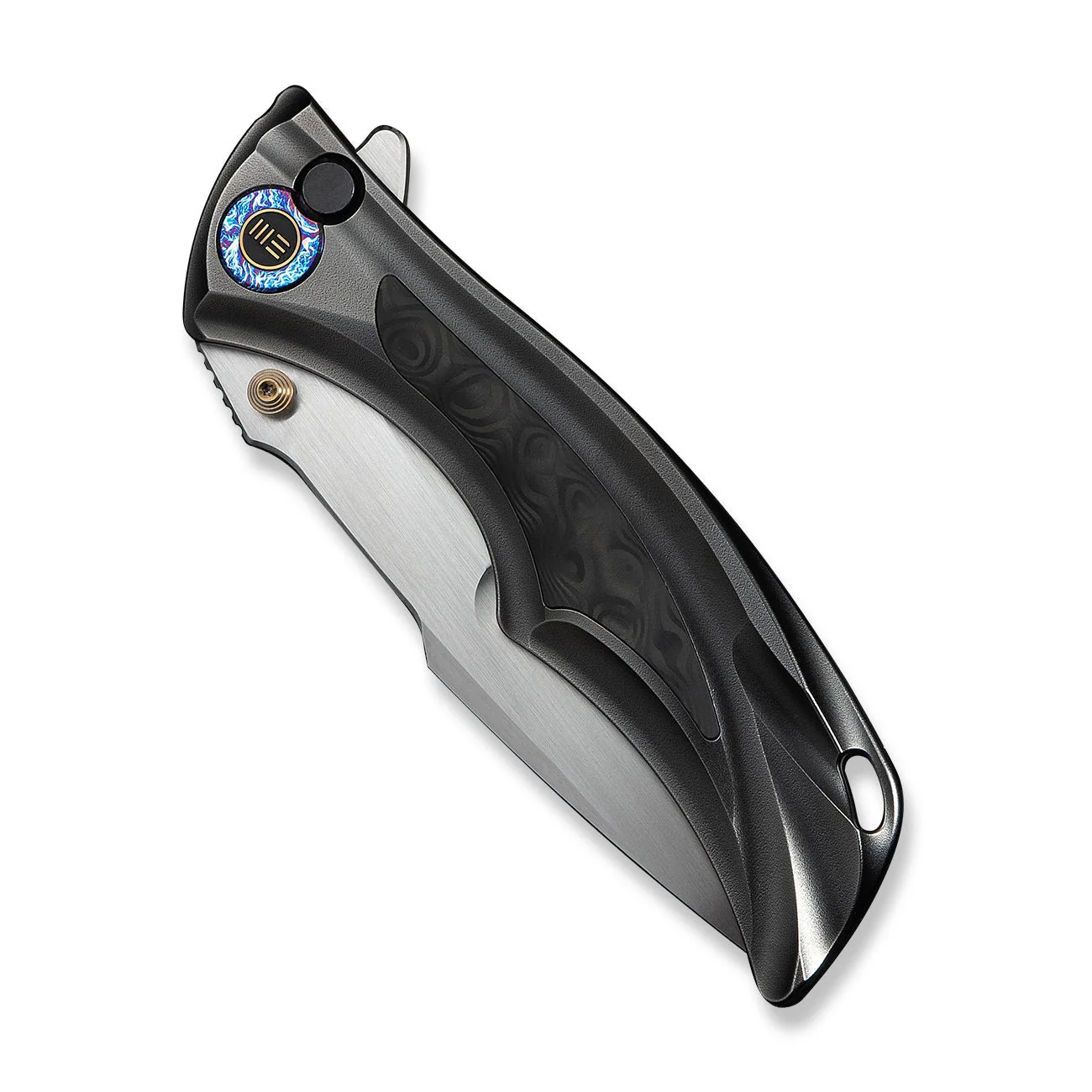 WEKNIFE Tighe Down Flipper & Thumb Stud & Button Lock Knife Polished Gray Orange Peel Textured Titanium Integral Handle With Rose Carbon Fiber Inlay (4" Hand Rubbed Satin Bohler M390 Blade, Drop Point) WE24054-2 - Image 7