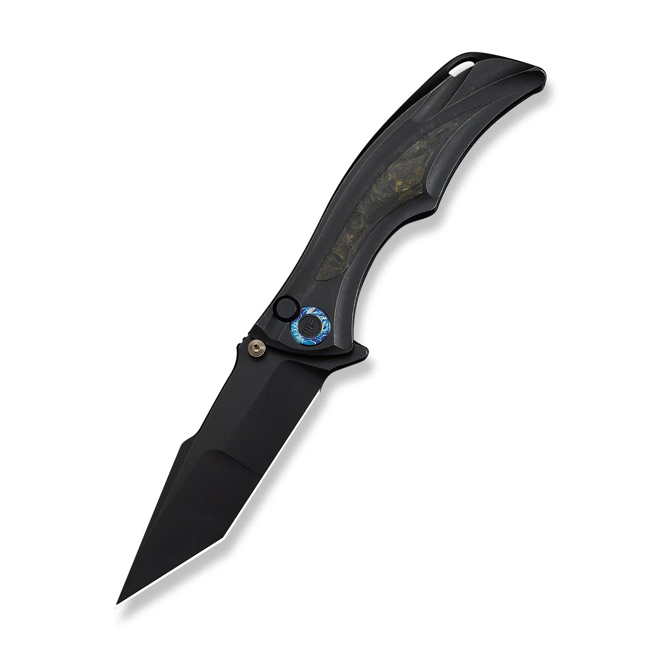 WEKNIFE Tighe Down Flipper & Thumb Stud & Button Lock Knife Black Titanium Integral Handle With Black & Yellow Carbon Fiber Inlay (4" Black Stonewashed Bohler M390 Blade, Tanto) WE24054B-1 - Image 3
