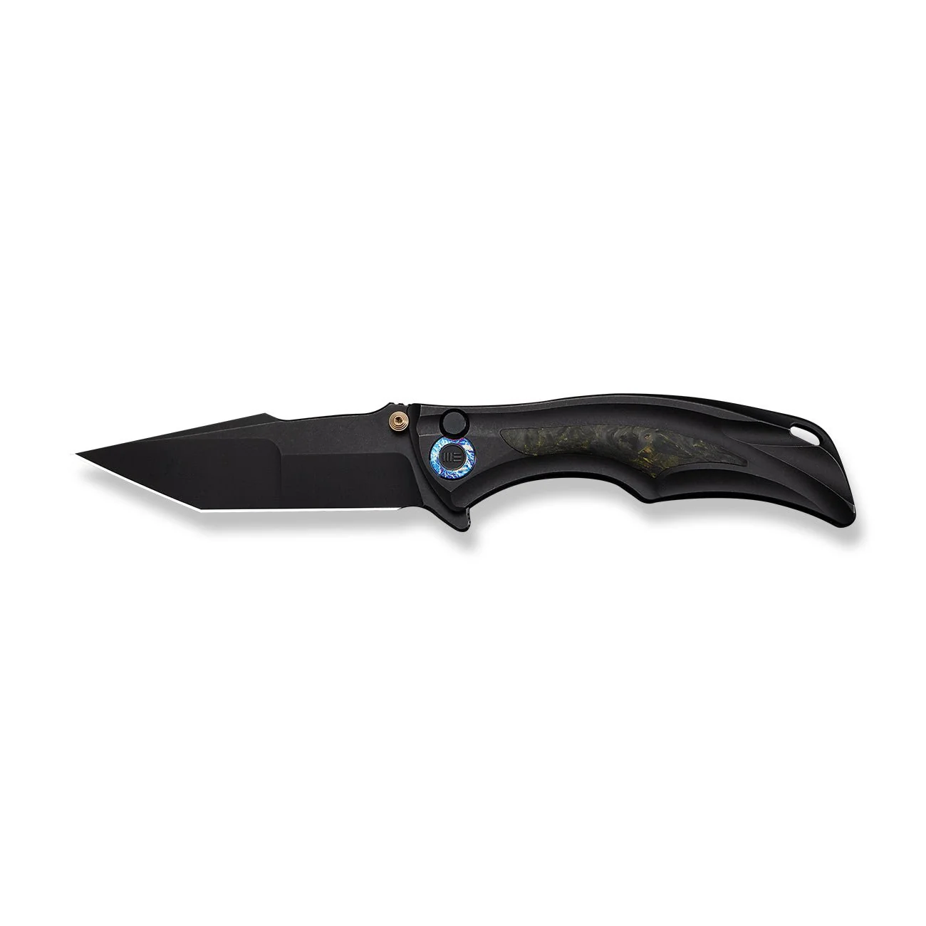 WEKNIFE Tighe Down Flipper & Thumb Stud & Button Lock Knife Black Titanium Integral Handle With Black & Yellow Carbon Fiber Inlay (4" Black Stonewashed Bohler M390 Blade, Tanto) WE24054B-1 - Image 4