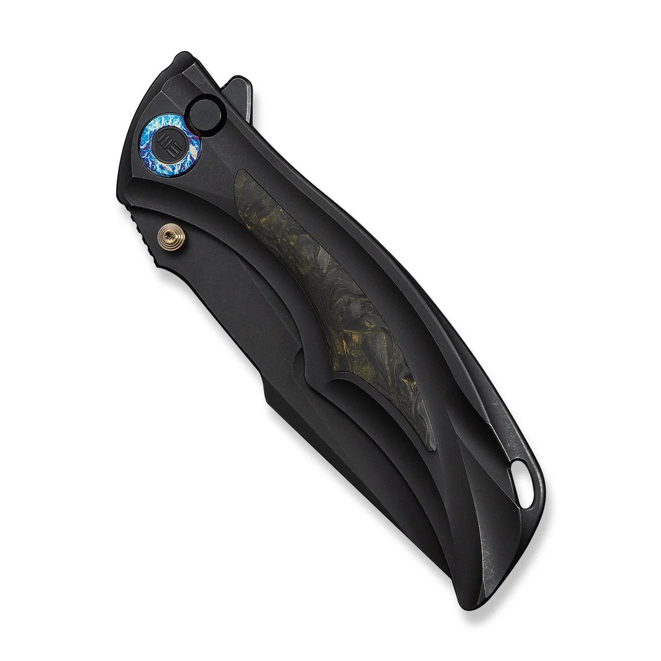 WEKNIFE Tighe Down Flipper & Thumb Stud & Button Lock Knife Black Titanium Integral Handle With Black & Yellow Carbon Fiber Inlay (4" Black Stonewashed Bohler M390 Blade, Tanto) WE24054B-1 - Image 6