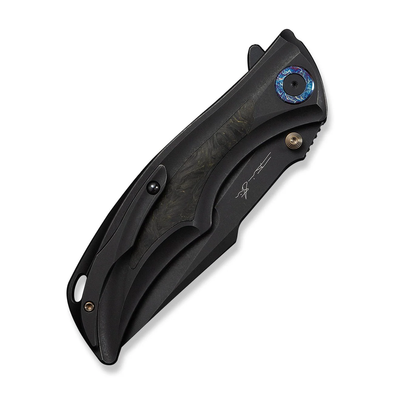 WEKNIFE Tighe Down Flipper & Thumb Stud & Button Lock Knife Black Titanium Integral Handle With Black & Yellow Carbon Fiber Inlay (4" Black Stonewashed Bohler M390 Blade, Tanto) WE24054B-1 - Image 7