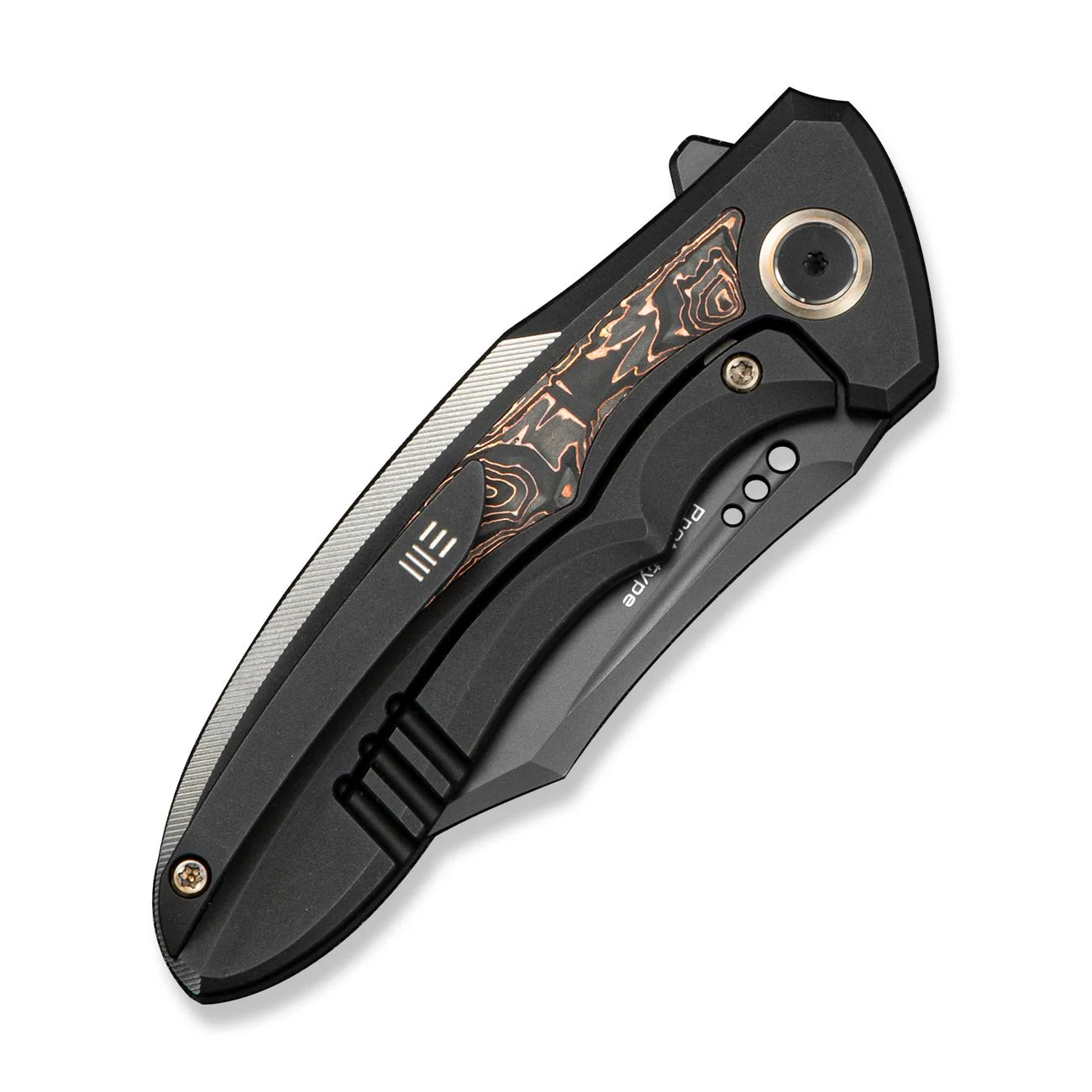 WEKNIFE VARG Flipper Knife Black Titanium With Copper Foil Carbon Fiber Inlay (2.96" Black Stonewashed M390 Blade) WE25074 Sample1 - Image 4