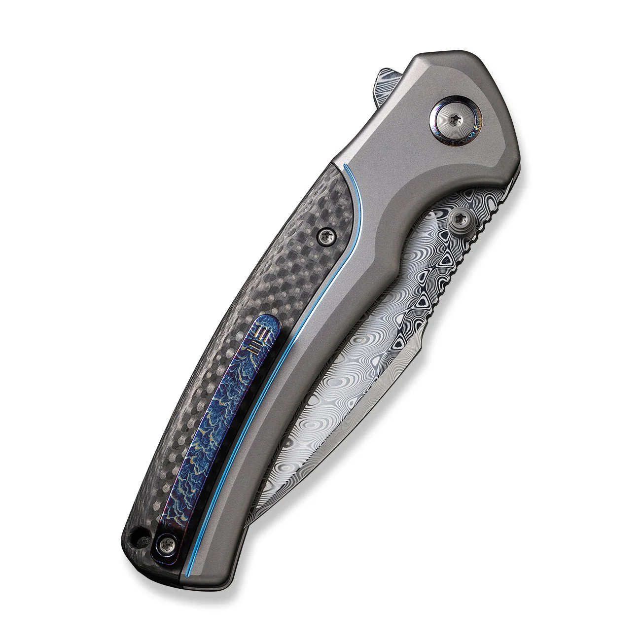 WEKNIFE Ziffius Flipper & Thumb Stud & Button Lock Knife Titanium & Carbon Fiber Handle (3.7" Damasteel Blade) WE22024A-DS1 - Image 7